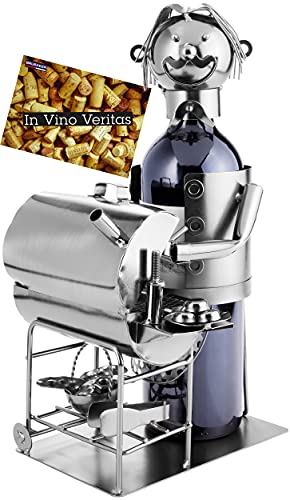 BRUBAKER Weinflaschenhalter Barbecue - Metall Skulptur BBQ Grillmeister - Silber Flaschenhalter - Geschenk zum Grillen Grillparty - Deko Flaschenständer Weingeschenk mit Geschenkkarte von BRUBAKER