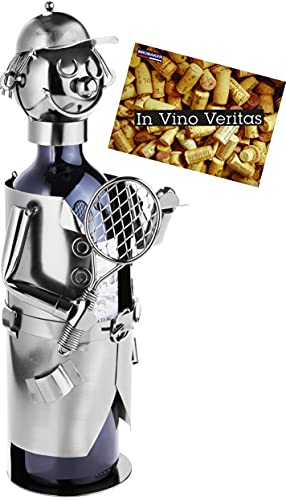 BRUBAKER Weinflaschenhalter Tennisspieler Metall Skulptur mit Geschenkkarte von BRUBAKER