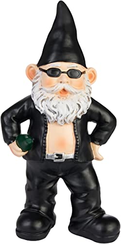 BRUBAKER Gartenzwerg Cooler Biker Schwarz - Rocker Zwerg Mann mit Sonnenbrille - Gartenfigur Lustig - Dekoration Wetterfest für Garten Campingplatz - Gartendeko für außen - 24 cm groß von BRUBAKER