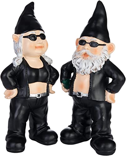 BRUBAKER Gartenzwerge Set Biker Mann und Frau Schwarz - Rocker Zwerge mit Sonnenbrille - Gartenfigur Lustig - Dekoration Wetterfest für Garten Campingplatz - Gartendeko für außen von BRUBAKER