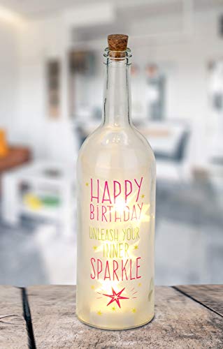 BRUBAKER Lichterflasche mit Aufdruck "Happy Birthday" 5 LED Lichter 32 cm Höhe Weiß von BRUBAKER