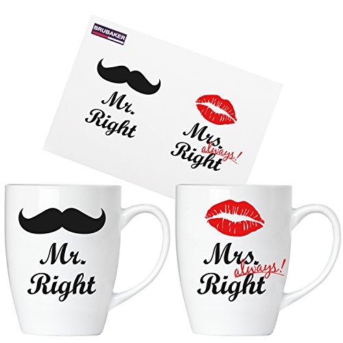 BRUBAKER Mr. Right & Mrs. Always Right Tassen Set Kaffeetassen aus Keramik - 2 Kaffeebecher 300 ml mit Grußkarte und Geschenkpackung von BRUBAKER