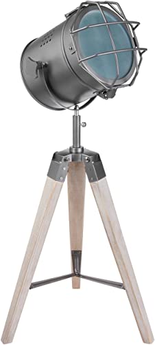 BRUBAKER Stehleuchte Industrial Design Tripod Lampe - 65 cm Höhe - Stativbeine aus Holz Scheinwerfer Grau Matt von BRUBAKER