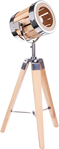 BRUBAKER Stehleuchte Industrial Design Tripod Lampe - 65 cm Höhe - Stativbeine aus Holz - Scheinwerfer aus Holz/Details in Chrom von BRUBAKER