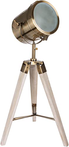 BRUBAKER Stehleuchte Industrial Design Tripod Lampe - 65 cm Höhe - Stativbeine aus Holz Weiß gekälkt - Scheinwerfer Messing von BRUBAKER