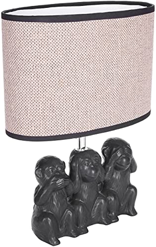 BRUBAKER Nachttischlampe Drei weise Affen - Tischlampe Affen Smileys - Tischleuchte mit Keramikfuß und Stoffschirm - 35,5 cm Höhe, Schwarz Beige von BRUBAKER