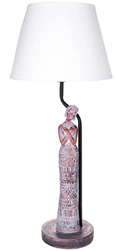 BRUBAKER Tisch- oder Nachttischlampe Afrikanische Frau in Kupfer-Optik - Tischleuchte mit Keramikfuß und Stoffschirm - 58 cm Höhe, Grau Weiß von BRUBAKER