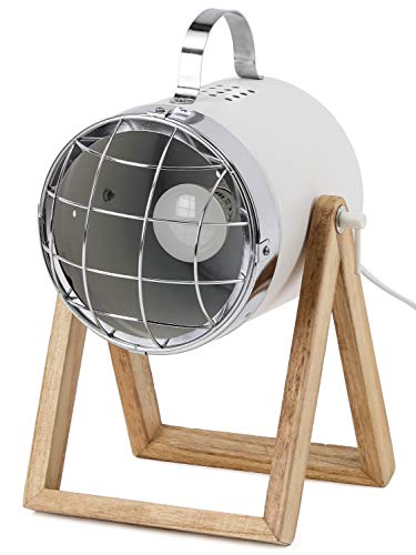 BRUBAKER Tischleuchte oder Bodenlampe Strahler Industrial Design - bis 42 cm Höhe - Fuß aus Holz - Scheinwerfer Metall Weiß von BRUBAKER