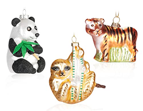 BRUBAKER Weihnachtskugel Set Tiere Mix - Panda Faultier und Tiger - Handbemalte Baumkugeln - Mundgeblasener Christbaumschmuck aus Glas - Baumschmuck Lustig - 3-teilig von BRUBAKER