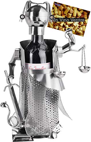 BRUBAKER Weinflaschenhalter Justitia Silber - Metall Skulptur Flaschenständer - Metallfigur Weingeschenk für Juristen, Richter, Anwalt, Kanzlei - mit Grußkarte von BRUBAKER