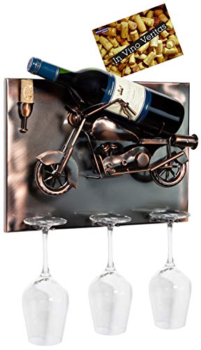BRUBAKER Weinflaschenhalter Motorrad - Wall Art Bild Metall - mit 3 Glashaltern - inklusive Grußkarte für Weingeschenk von BRUBAKER