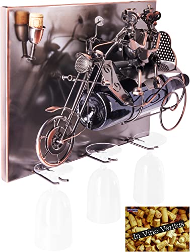 BRUBAKER Weinflaschenhalter Paar auf einem Motorrad - Wall Art Bild Metall - mit 3 Glashaltern - inklusive Grußkarte für Weingeschenk von BRUBAKER