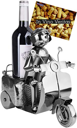 BRUBAKER Weinflaschenhalter Rollerfahrer Silber - Metall Skulptur Flaschenständer - 27 cm Metallfigur Weingeschenk für Roller Fans - mit Grußkarte von BRUBAKER