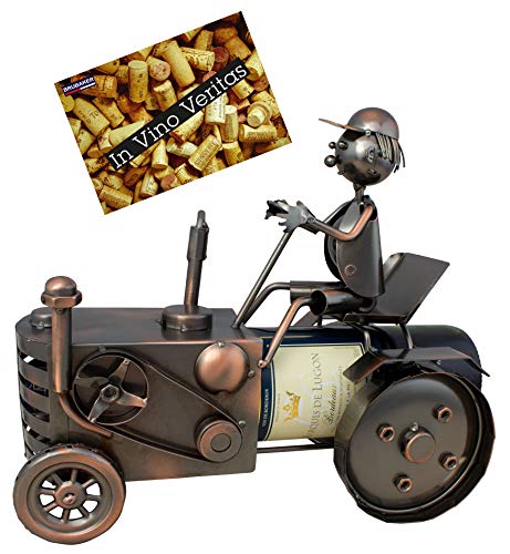 BRUBAKER Weinflaschenhalter Traktor mit Traktorfahrer Deko-Objekt Metall Flaschenständer mit Grußkarte für Weingeschenk von BRUBAKER