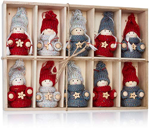 BRUBAKER 10-teiliges Set Weihnachtswichtel aus Holz und Strick - Baumanhänger Weihnachtsanhänger - 8 cm in Geschenkbox von BRUBAKER