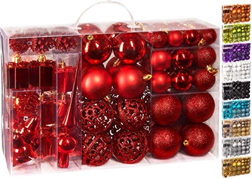 BRUBAKER 101-teiliges Set Weihnachtskugeln mit Baumspitze Rot Christbaumschmuck von BRUBAKER