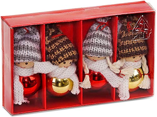 BRUBAKER 4-teiliges Set Weihnachtswichtel aus Holz und Strick - Baumanhänger Weihnachtsanhänger - 8 cm in Geschenkbox Rot von BRUBAKER