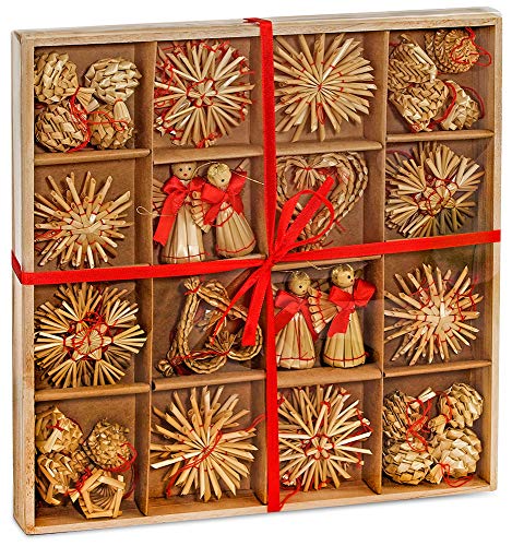 BRUBAKER 48-teiliges Set Strohsterne Weihnachtsbaumschmuck aus Stroh - bis zu 6,5 cm große Sterne Herzen Engel von BRUBAKER
