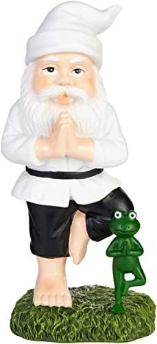 BRUBAKER Gartenzwerg Yoga Übung Baum Zwerg mit Frosch - Gartenfigur Sport Figur Vrksasana - Zen Dekoration Wetterfest für Garten Campingplatz - Gartendeko Lustig Weiß für außen - 24 cm groß von BRUBAKER