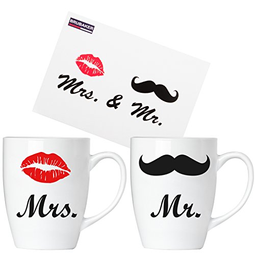 BRUBAKER Mr. & Mrs. Tassen Set Kaffeetassen aus Keramik - 2 Kaffeebecher 300 ml - Hochzeitsgeschenk mit Grußkarte und Geschenkpackung von BRUBAKER