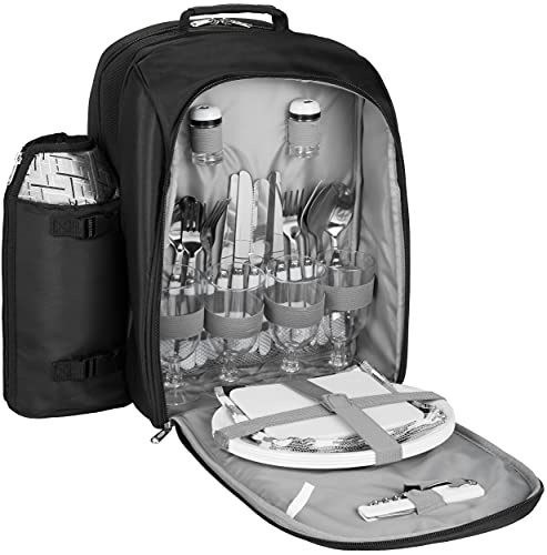 BRUBAKER Picknickrucksack für 4 Personen Schwarz Silber 27 × 38,5 × 21 cm - inkl. Kühlfach + Iso-Flaschenhalter von BRUBAKER