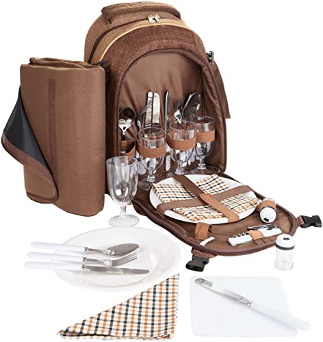 BRUBAKER Picknickrucksack für 4 Personen Braun 28,5 × 42,5 x 19 cm - inkl. Kühlfach + Fleece-Picknickdecke mit wasserfester Unterseite von BRUBAKER
