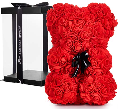 BRUBAKER Rosen Bär Blumenbär mit Schleife 25 cm - Blumen Geschenk zum Valentinstag Jahrestag Geburtstag Hochzeit - Geschenkbox inklusive - Rot von BRUBAKER