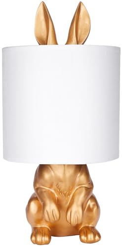 BRUBAKER Tisch- oder Nachttischlampe Goldener Hase - Tischleuchte mit Keramikfuß und Stoffschirm - 42 cm Höhe, Weiß Gold von BRUBAKER