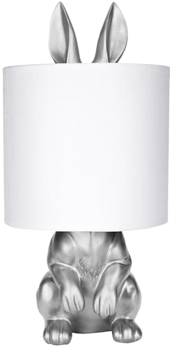 BRUBAKER Tisch- oder Nachttischlampe Goldener Hase - Tischleuchte mit Keramikfuß und Stoffschirm - 42 cm Höhe, Weiß Silber von BRUBAKER