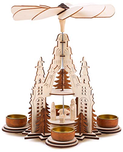 BRUBAKER Weihnachtspyramide Kathedrale 29 cm - Maria, Josef und Jesus - 2 Etagen - Teelichtpyramide mit 4 Teelichthaltern aus Metall - Holz Natur von BRUBAKER