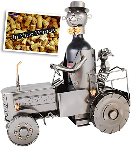 BRUBAKER Weinflaschenhalter Traktor mit Fahrer und Hund - Deko Objekt Trecker Schlepper aus Metall - Flaschenständer mit Grußkarte für Weingeschenk von BRUBAKER