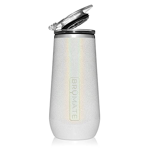 BrüMate Isolierte Champagnerflöte mit Klappdeckel, 340 ml, aus vakuumisoliertem Edelstahl (Glitzer-Weiß) von BrüMate