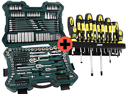 Mannesmann Steckschlüssel-/Nuss-/Bitsatz mit Werkzeugkoffer, 215tlg + Mannesmann Schraubendrehersatz mit magnetischen Spitzen und Wandhalterung, 18tl von Brüder Mannesmann