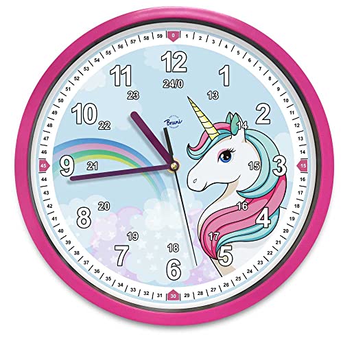 Einhorn Kinder-Wanduhr lautlos - ideale Kinderzimmer-Uhr für Mädchen und Jungen, geräuschlos, ohne Tickgeräusche von Bruni