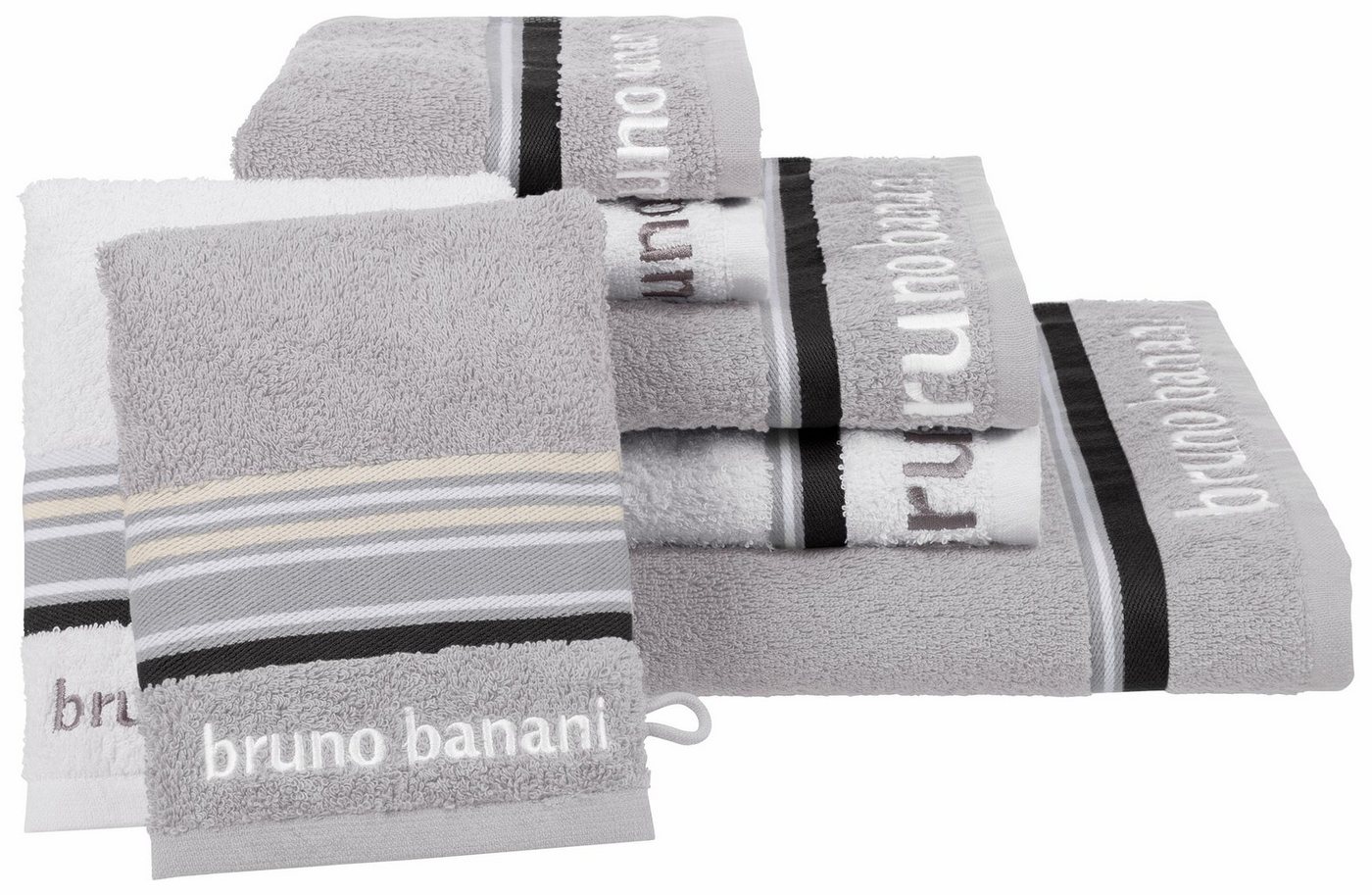 Bruno Banani Handtuch Set Maja, 1 Duschtuch, 2 Handtücher, 2 Gästehandtücher, 2 Waschhandschuhe, Walkfrottee (Set, 7-St), mit Bordüre und Markenlogo, 7 teiliges Handtücher Set, 100% Baumwolle von Bruno Banani