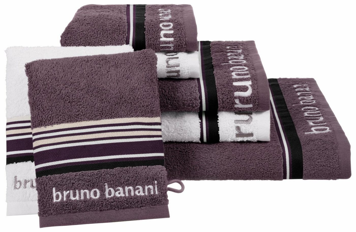 Bruno Banani Handtuch Set Maja, 1 Duschtuch, 2 Handtücher, 2 Gästehandtücher, 2 Waschhandschuhe, Walkfrottee (Set, 7-St), mit Bordüre und Markenlogo, 7 teiliges Handtücher Set, 100% Baumwolle von Bruno Banani