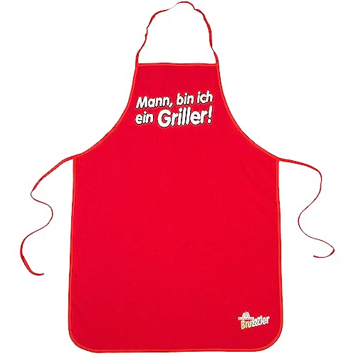 Bruzzzler BBQ-Schürze mit Motivdruck, BBQ-Schürze, Grillschutz, BBQ- und Küchenschürze, reine Baumwolle, Armausschnitte und Rückenschnürung, variabel verstellbar, Größe: 67 x 97 cm, Rot von Bruzzzler