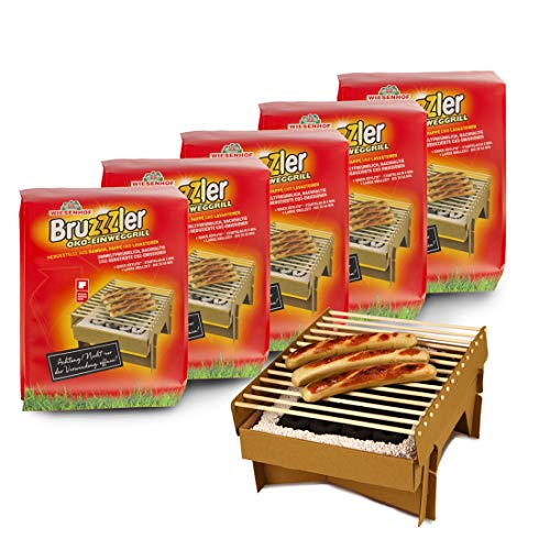 Bruzzzler Öko Einweggrill, komplett aus natürlichen Materialien, nach Gebrauch Fast vollständig verbrennbar, weniger CO2 Emission, in 5 Minuten startklar, über 1 Stunde nutzbar, 5 Stück von Bruzzzler