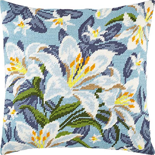 Brvsk Weiße Lilien Needlepoint Set mit bedruckter Gobelin (40 × 40 cm) Kissenset mit Stickerei für kreative Inneneinrichtung Handarbeitsset für erwachsene Anfänger von Brvsk
