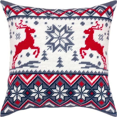 Brvsk gestempeltes Winter Kreuzstich Set für Erwachsene und Anfänger Hirschmuster 16″ × 16″ mit klarem, präzisem Druckdesign auf Baumwollleinwand; beinhaltet 2 Nadeln, Garn und leicht lesbare Tabelle von Brvsk