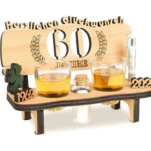 Brynnberg Schnapsbank mit Jahreszahl - Holz Lorbeerkranz mit Zahl Gravur - Geschenk zum 60 Hochzeitstag Paar Jahrestag - Geburtstag und Pärchen Geschenke Idee - mit 2 Gläsern und Jahre 1963-2023 von Brynnberg