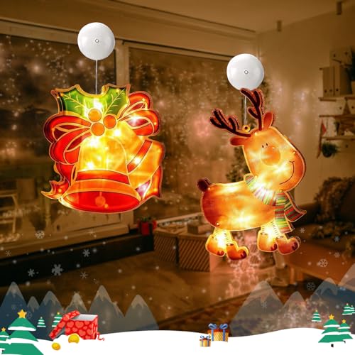2 Stück Fenster Weihnachtsbeleuchtung Edel, Fensterlicht Weihnachten Batterie Bunt LED, Leuchtstern Fenster Saugnapf 3D, Weihnachtsdeko Amerikanisch Beleuchtet Aufhängen Warmweiß (Glocke/Rentier) von Bseical