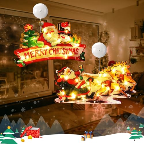 2 Stück Fenster Weihnachtsbeleuchtung Edel, Fensterlicht Weihnachten Batterie Bunt LED, Leuchtstern Fenster Saugnapf 3D, Weihnachtsdeko Amerikanisch Beleuchtet Aufhängen Warmweiß (Schlitten/Xmas) von Bseical