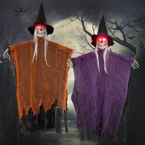 Bseical 2 Stück Halloween Deko Hexe, 100 x 60cm Halloween Deko Geist mit Glühenden Roten Auge, Halloween Hägende Skelett Geister Deko für Halloween Deko Outdoor Garden Party von Bseical
