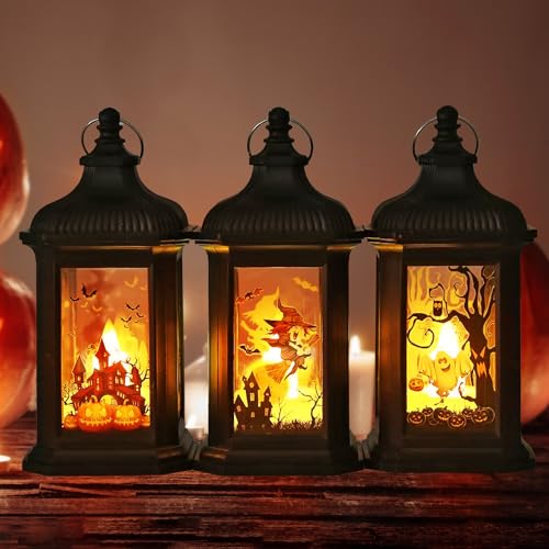 3 Stück Halloween Deko Kürbis Laterne, Halloween Laterne Outdoor mit LED Kerze, Halloween Deko Garten mit Batterie, Herbstdeko Laterne Kerzen, Kürbislaterne zum Aufhängen Herbst Innen Außen Baum Licht von Bseical