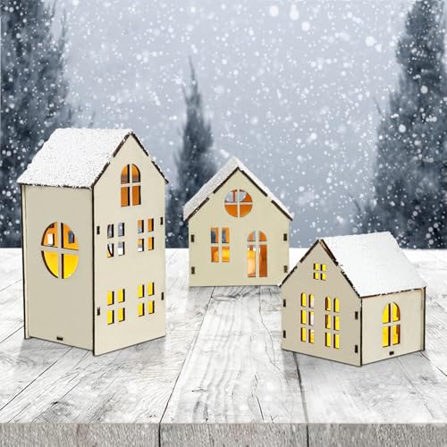 3 Stück Weihnachtsdorf mit Beleuchtung, Weihnachtshaus, Weihnachtsdeko Haus, Holzhaus Weihnachtsdeko Innen Mini Weihnachtsstadt Außen Garten Weihnachtsdorf (Weiß) von Bseical