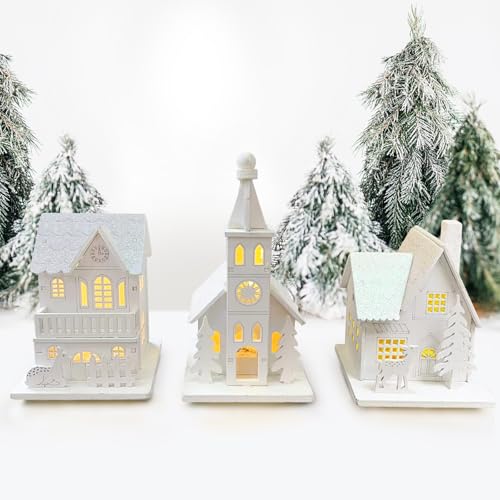 3 Stück Weihnachtsdorf mit Beleuchtung, Wichtelhaus mit Licht, Weihnachtsdeko Holz LED, Weihnachtshaus Deko, Wichteltür Weihnachten, Weihnachtsdeko Amerikanisch Innen Mini Weihnachtsstadt Außen Garten von Bseical