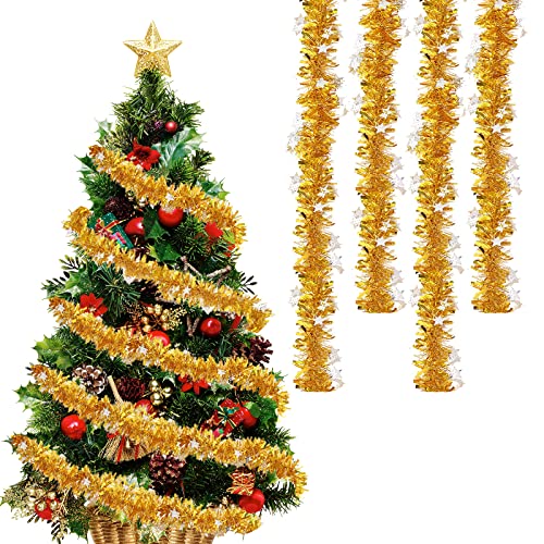 4 Stück Lametta Weihnachtsbaum Bunt, Lametta Girlande Weihnachten 2M, Weihnachtsbaum Dekoration Amerikanisch, Weihnachtsbaumschmuck Set Metallische Glänzend Festliches Ornamente (Gold) von Bseical