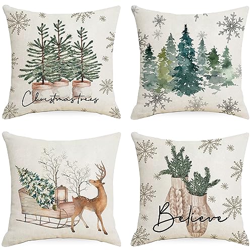 4 Stück Weihnachtskissenbezug Leinen, Weihnachtskissen Nostalgie 45x45cm, Weihnachten Deko Innen, Kissenbezug Weihnachten, Weihnachtsdeko Amerikanisch Kissen Bezug für Sofa Schlafzimmer Bett Auto (A) von Bseical