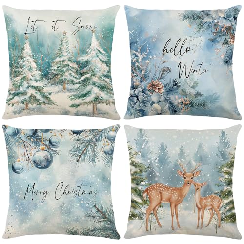 4 Stück Weihnachtskissenbezug Quadrat, Weihnachtskissen Bezug Jute, Kissenbezug Weihnachten Deko Innen, Weihnachtsdeko Amerikanisch Winter Kissen Nostalgie Sofa Bett Auto Schlafzimmer (A, 50x50cm) von Bseical